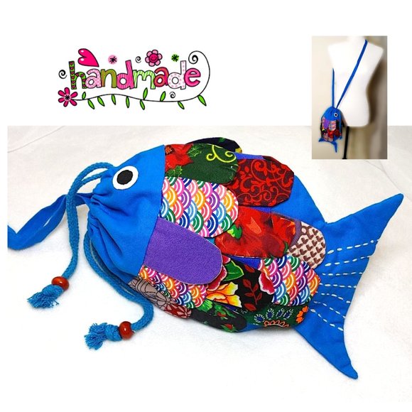 New Patchwork Kids Fish Blue Crossbody Bag Mini Tote Drawstring Red Purple Lined - Picture 1 of 11